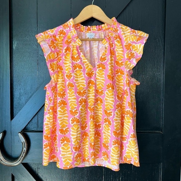 Mud Pie Becky Colorful Flutter Sleeve Cotton Poplin V-Neck Resort Style Top Sz M - Picture 5 of 12